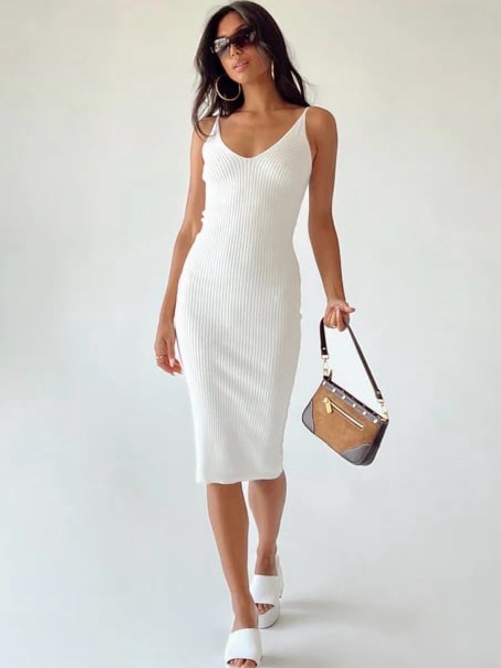 Princess Polly White Ribbed V-Neck Midi Dress